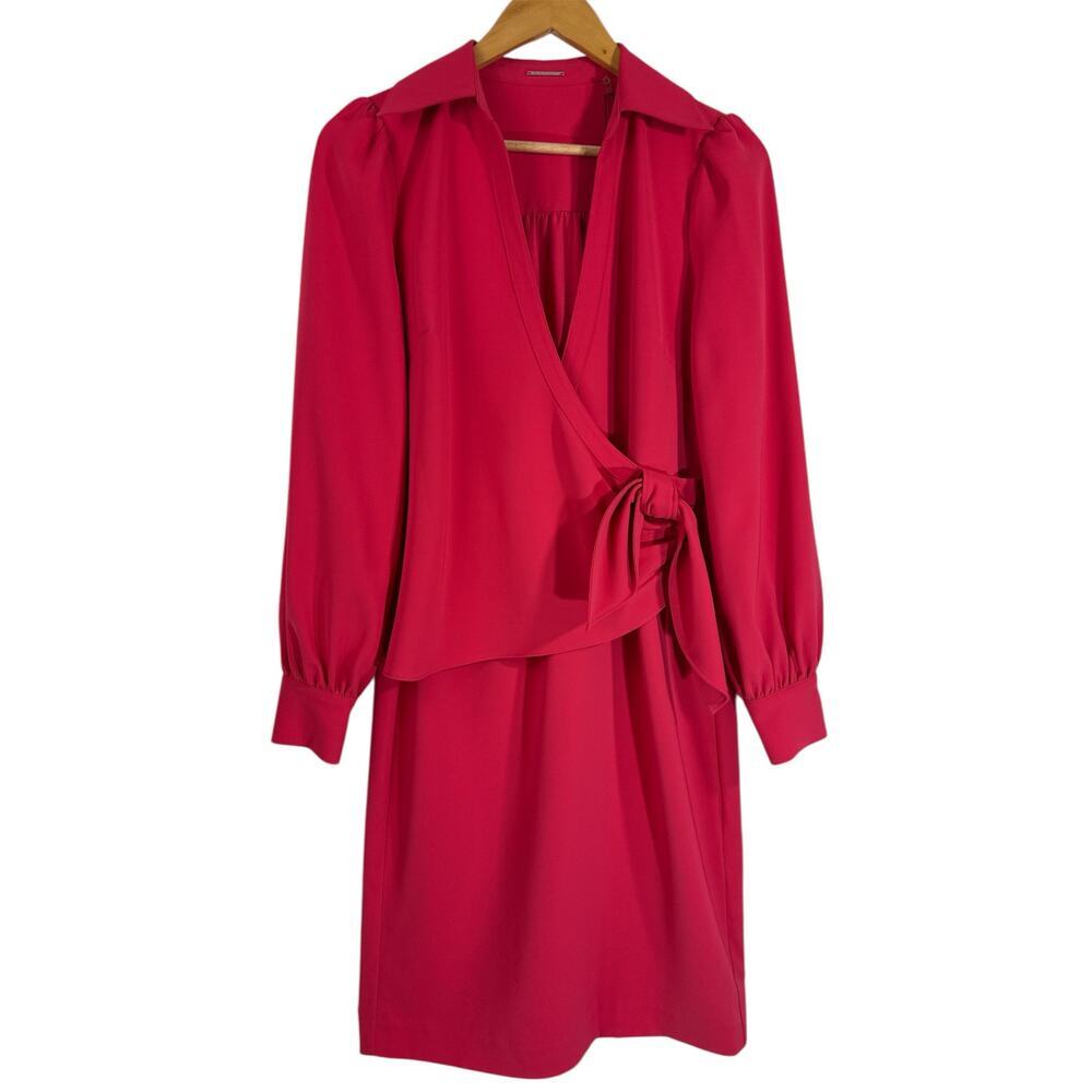 NWT Elie Tahari Wild Strawberry Pink Wrap Bodice Puff Sleeve Midi Dress Size 6